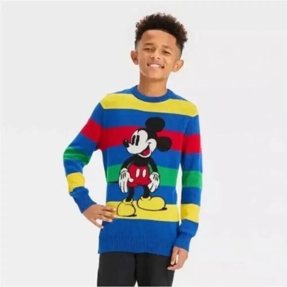 Disney 100 Mickey Mouse Multi Color Striped Knit Sweater Youth Kids‎ L  Pullover